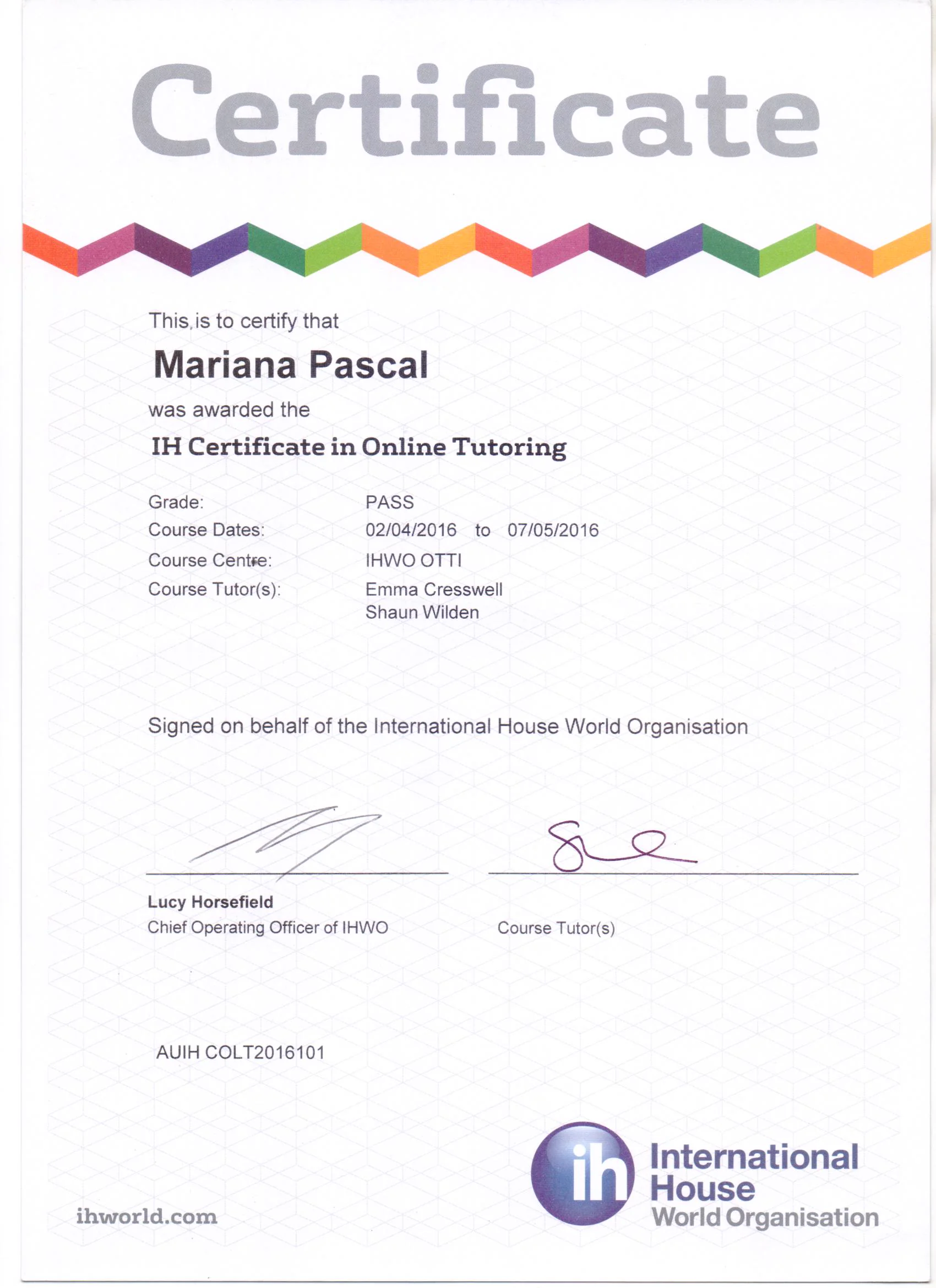 Certificat IH Online Tutoring